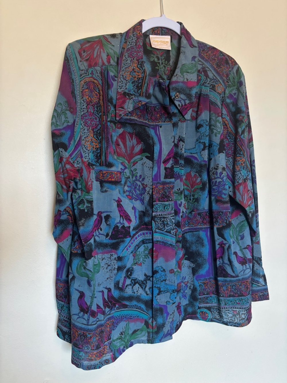 Vintage Geiger Collections Wool Button Shirt 44 Women’s Patchwork Floral Nature
